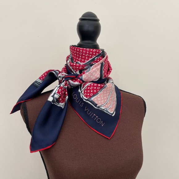 New Louis Vuitton Scarf Trunks & Luggage Monogram Blue Red Silk Wrap - Picture 13 of 16